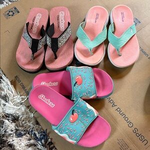 Skechers Kids Pink and Teal Slide and Flip Flop Bundle